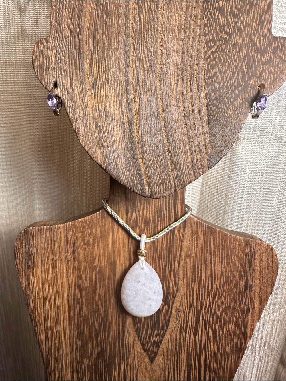 White Coral Fossil Teardrop Pendant Necklace on Blue and Gold Rope - Picture 5 of 13